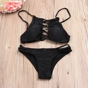 Women's Pink Bikini Set <b>Crossed</b> Halter Lace Up <b>Top</b> Thong Bottoms Solid Color Stretch Swimwear Two Piece - Product Image 5