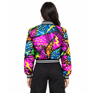 Geometric Print Varsity Jacket <b>Women's</b> Short Crop Bomber <b>Coat</b> Full Sleeve Turn-down Collar Polyester <b>Spring</b> Style - Product Image 5