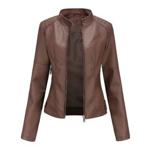 Chaqueta de moto de cuero PU para mujer, cuello alto, cierre de cremallera, color sólido, corte ajustado, longitud regular, para otoño - Product Image 3