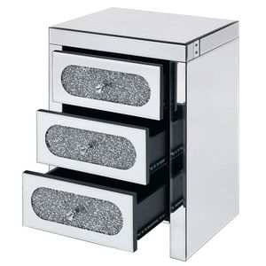Comodino di Lusso a 3 Cassetti con Finitura in Cristallo Argentato a Specchio e Luce LED per Soggiorno o Appartamento - Product Image 4