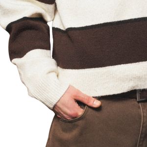 Men Stripe Knit Turn Down Sweater Neutral <b>Brown</b> Contrast Collar Long Sleeve Pullover Casual Winter Top Cotton Blend OEM - Product Image 5