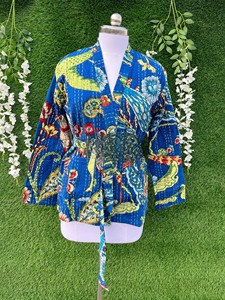 Handmade Kantha Jacket Blue Cotton Quilted Kimono <b>Robe</b> Boho Cardigan Artisanal Traditional Indian Floral Print Women <b>Coat</b> - Product Image 1