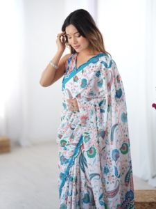 Sari tradicional de poliéster con estampado floral y trabajo de espejo para mujer, largo hasta el suelo, corte regular, para bodas, estilo India-Pakistán - Product Image 5