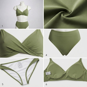 Women's Olive <b>Green</b> Eco-Friendly Breathable 2-Piece Bikini Set Crossed <b>Halter</b> <b>Top</b> High Waist Bottoms Solid Color Spandex Front - Product Image 4