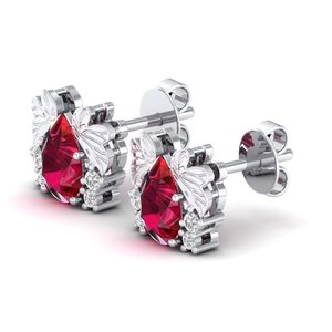 Boucles d'oreilles clous REYES de luxe en or blanc 14 carats avec diamant certifié IGI, taille poire, 1,42 carat, pierre précieuse rubis, bijoux fins - Product Image 3