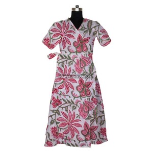 Bagru estampado Hippie hasta el suelo vestido de noche Kimono de algodón hecho a mano para mujer cubierta de playa étnica Natural estilo Jaipuri - Product Image 3