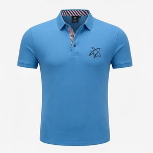 Polo à manches courtes bleu pour homme, en coton piqué, avec logo brodé, décontracté, respirant, coupe classique, design tricoté uni - Product Image 1