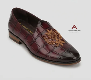 Royal Crest <b>Burgundy</b> Embossed Embroidered Luxury Slip-On Loafers Genuine Leather Lining Breathable <b>Cushioned</b> Anti-Slip Outsole - Product Image 2