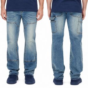 Pantalones Vaqueros de Pierna Recta Azul Medio al por Mayor, Tejido de Algodón Puro Transpirable, Largos, Cómodos y Clásicos para Hombre - Product Image 1