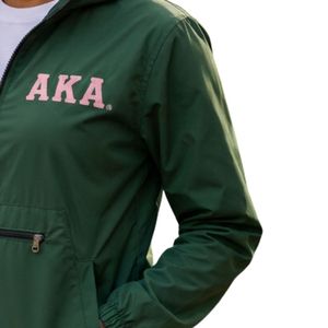 Dark Green Women Pack able Hooded Pullover Windbreaker with Pink Letter Patch Lightweight Half Zip Outdoor Casual <b>Jacket</b> Wear - Product Image 2