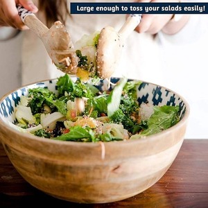 Bol à salade en bois de manguier avec impression émaillée, bol mélangeur, sûr pour les aliments, facile à nettoyer, bol de service pour la maison et les fêtes - Product Image 2