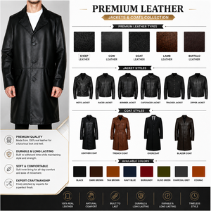 Abrigo Largo de Cuero Genuino para Hombre, Cuello Camisero, Cierre de un Solo Botón, Estilo Casual Otoñal, Duradero y Cómodo - Product Image 1
