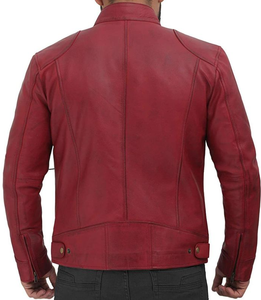 <b>Men's</b> Red PU Leather Moto Jacket Stand Collar Zipper Closure Regular Fit Solid Color Biker Style Autumn Wear - Product Image 2
