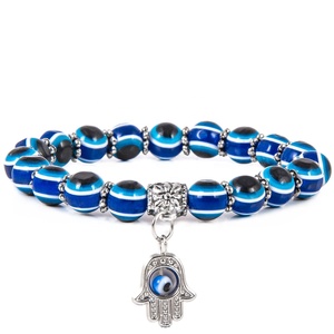 BLUE PLASTIC EVIL EYE BEADED BRACELET WITH HAMSA HAND OF FATIMA FROM TURKEY