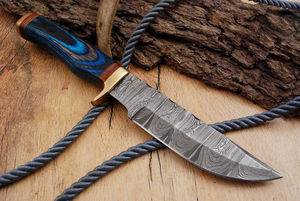 Couteau de chasse en acier Damas, lame à pointe tombante, manche bleu, couteau à lame fixe artisanal, couteaux de survie en plein air - Product Image 4
