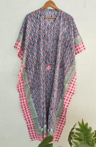 Vintage <b>Boho</b> Floral Block Print Kaftan <b>Dress</b> With Tie Back Loose Fit Short Sleeve Cotton <b>Summer</b> Long <b>Dress</b> - Product Image 3