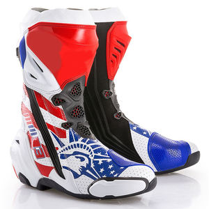 Botas de moto a media pantorrilla con parte superior de PU, forro de malla transpirable, cierre de cremallera, diseño estampado en rojo, blanco y azul, puntera cerrada y suela de goma. - Product Image 1