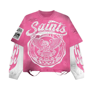 T-shirt court pour homme 300 GSM - Coupe ample style vintage streetwear avec manches longues imprimées et effet vieilli unisexe - Product Image 5