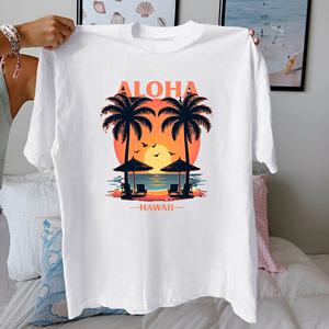Camiseta de mujer de algodón puro con escena de playa ALOHA y HAWAII, ajuste cómodo - Product Image 4