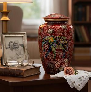 Handmade Ceramic Teardrop Urn <b>Red</b> With Elephant Floral Design Durable Pet Casket Memorial <b>Vase</b> - Product Image 5