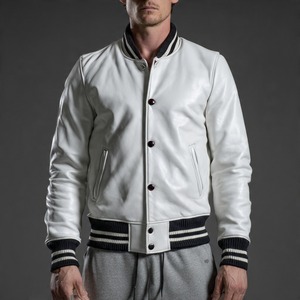 <b>Men's</b> <b>White</b> PU Windproof Varsity <b>Jacket</b> Regular Fit Stand Collar Single Button Closure Front Logo Autumn Casual Wear - Product Image 2