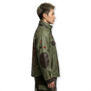Green Forest Spirit Horned <b>Monster</b> Embroidered Leather Jacket Men Stand Collar Tactical Bomber Coat Pagan Streetwear Outerwear - Product Image 3