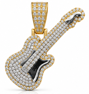 Pendentif Guitare en Argent Sterling 925 avec Moissanite, Breloques Plaqué Or 14K, Coupe Ronde Brillante, Bijoux Hip Hop - Product Image 1