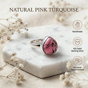 Anillo de Turquesa Rosa, Plata de Ley 925, Hecho a Mano, con Engaste de Bisel en Forma de Corazón, Anillo de Promesa con Piedra de Nacimiento, Regalo - Product Image 1