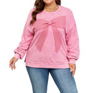 Sweat-shirt patchwork grande taille pour femme, doux et confortable, manches longues, décontracté, coupe ample, détail nœud, couleurs personnalisées, vente en gros OEM ODM - Product Image 2