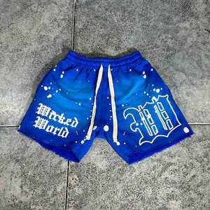 กางเกงลำลองผู้ชายสีพื้นแบบซีดจาง พิมพ์ลายขาดๆ แต่งป้ายปัก ทรงโอเวอร์ไซส์ ซักกรด ระบายอากาศได้ดี ความยาวระดับเข่า - Product Image 6