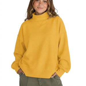 Sweat-shirt oversize à col montant pour femme, jaune uni, épaules tombantes, manches longues, en coton tricoté, pour l'automne - Product Image 1