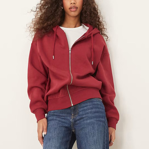 Sudadera con capucha y cremallera para mujer de tu marca, roja, de algodón, tejida, de manga larga, con logo bordado, para uso casual y de otoño. - Product Image 3