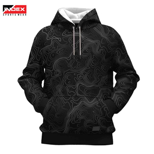 Sweat-shirt à capuche pour homme, imprimé topographique noir, coupe classique, en polyester tricoté, décontracté, avec poche et cordons de serrage blancs - Product Image 1