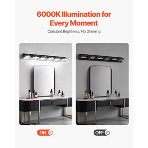 Lámpara de Vanidad LED Moderna de 6 Luces, 40.35 Pulgadas, Acabado Negro, Iluminación de Pared para Baño con Espejo Cromado, IP44 Impermeable - Product Image 6