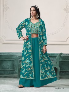 Salwar Kameez pour femme en faux georgette turquoise brodé de sequins (longueur midi, coupe classique) pour mariage, fête, Diwali - Product Image 5