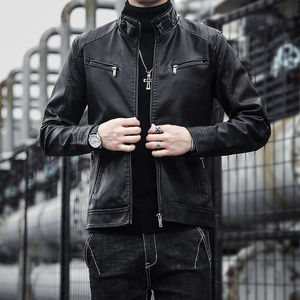 Chaqueta de Cuero PU Negra para Hombre, Cuello Alto, Cierre Frontal con Cremallera, Estilo Casual, para Motocicleta, Ropa de Invierno - Product Image 1