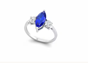 14KT White Gold Certified Marquise Lab grown <b>Blue</b> Sapphire and Lab Diamond <b>Ring</b> - Product Image 1