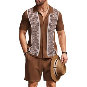 Conjunto de 2 Piezas para Hombre, Camisas Polo de Punto con Botones y Manga Corta Estilo Vintage, Conjuntos de Pantalones Cortos Casuales de Playa - Product Image 1