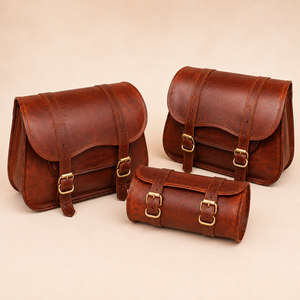 Brown Leather Motorcycle Saddle Bag Set Vintage Bike Side Pannier Tool Bag with Buckle Straps for Touring Ride - Product Image 2