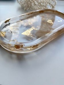 <b>Clear</b> <b>Resin</b> Modern Gold-Plated Decorative Oval Serving Platter with Gold Leaf Pattern for Drinks Snacks Candles Organizer - Product Image 1