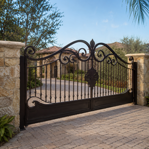 Elegante puerta doble de entrada de hierro forjado negro con decoración floral central y diseño de pilar de piedra. - Product Image 4