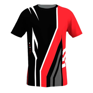 T-shirt sportif à manches courtes pour homme, motif géométrique noir et rouge, col rond, séchage rapide, coupe régulière, tricoté en polyester - Product Image 1