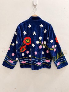 Nostalgic Character Art And Traditional Inspired Suzani Embroidery <b>Velvet</b> Jacket Artistic Playful Fusion Outwear Statement <b>Coat</b> - Product Image 2
