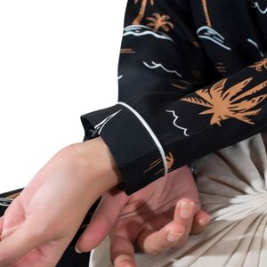 <b>Women</b> <b>Black</b> Brown Botanical Print Satin Pajama Set Long Sleeve Button Up Shirt Matching <b>Pants</b> Stylish Sleepwear Lounge Wear OEM - Product Image 6
