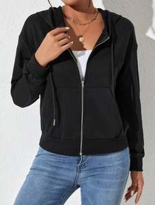 Women's <b>Black</b> <b>Zipper</b> <b>Hoodie</b> Solid Color Cotton Knitted Full Sleeve Casual Autumn Wear Breathable Pocket Design - Product Image 2