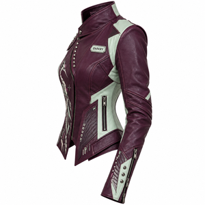 Women Burgundy Real Cowhide Leather Biker Jacket Printed <b>Crane</b> Mint Green Panel Studded Shoulder Coat OEM ODM Custom Wholesale - Product Image 4