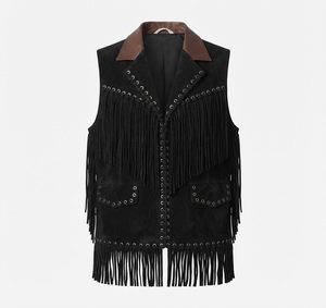 Chaleco de cuero de gamuza turquesa con flecos para mujer – Chaleco vaquero sin mangas estilo western - Product Image 1
