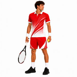 Conjunto de Camiseta y Pantalones Cortos de Tenis Sublimados Rojos y Blancos para Hombre, Transpirables, Ajuste Atlético, Ropa Deportiva de Verano, Personalizable para Equipos y Marcas - Product Image 3