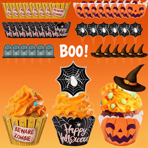 48 pezzi di tappi per Cupcake di Halloween involucri di zucca e ragnatela con Design Zombie forniture artistiche usa e getta per decorare torte - Product Image 4