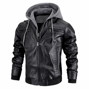 Veste en cuir pour homme, coupe slim, à capuche, en PU, pour moto, automne-hiver, décontractée, coupe-vent, vêtements pour homme, chapeau amovible, tailles S-XXXL - Product Image 1